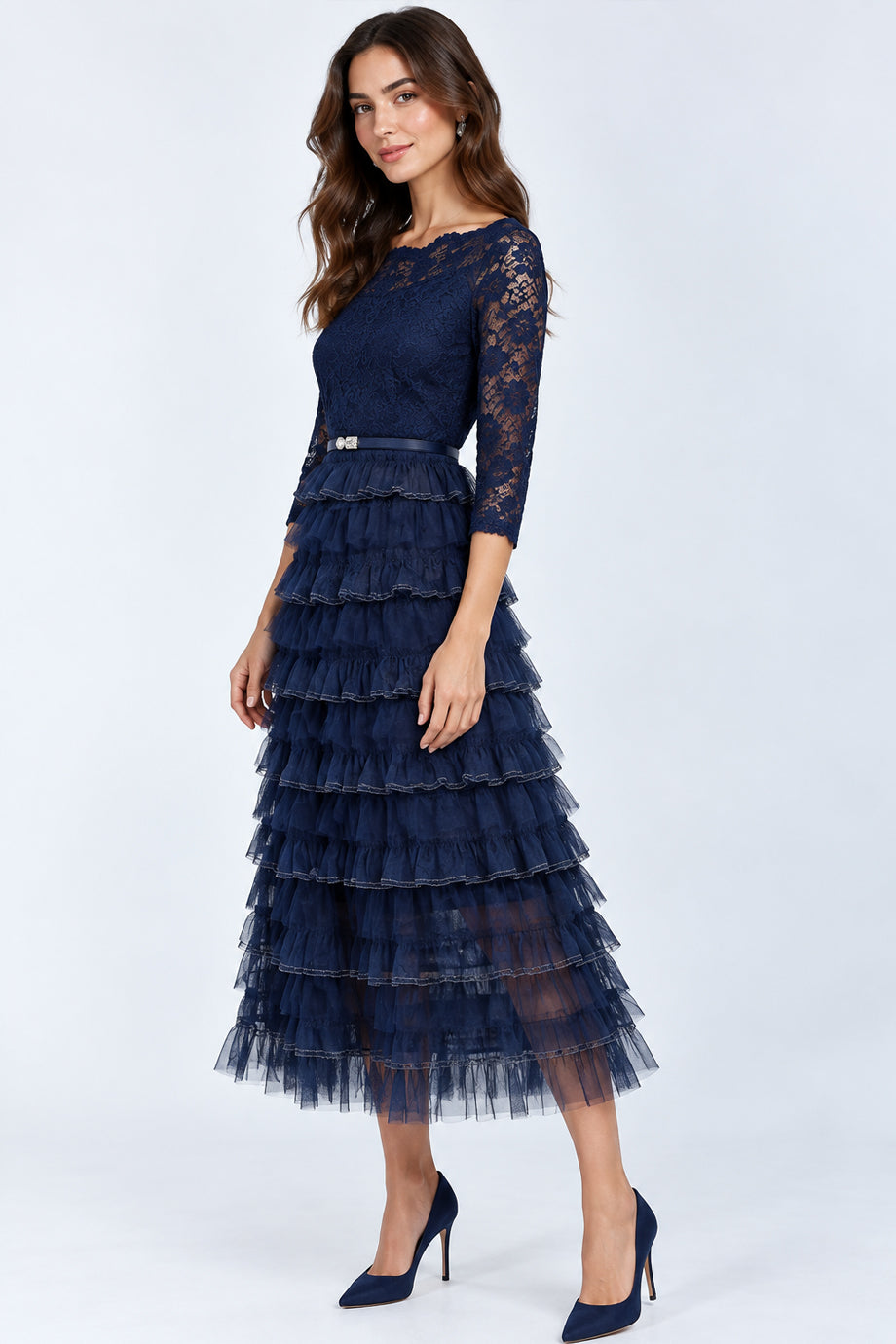 Cavira Midi Dress with Lace and Tulle