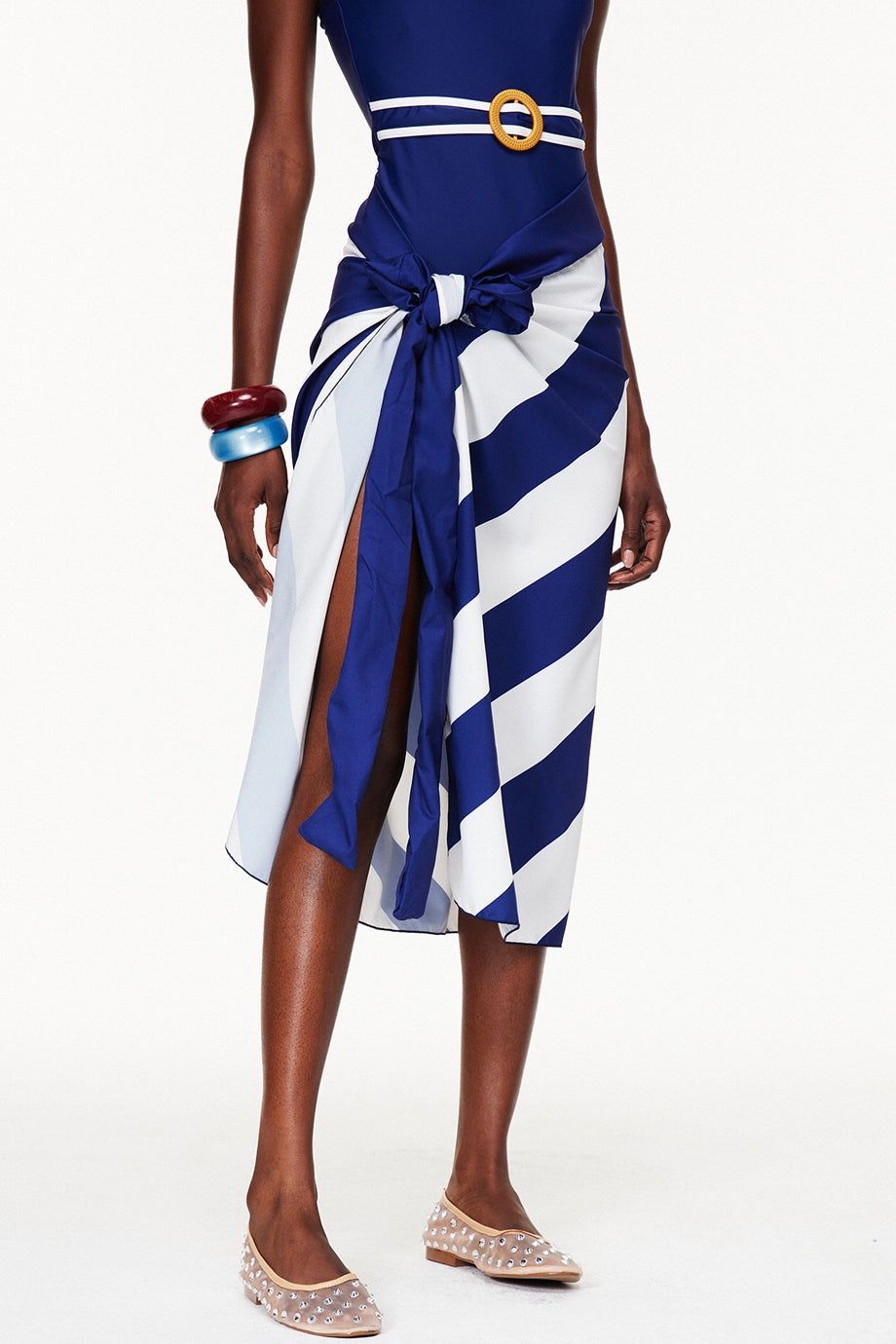 Ethna Μπλε Ολόσωμο Μαγιό με Ζώνη και Παρεό Σετ | Μαγιό - Ολόσωμα - Swimwear One Piece | Ethna Blue One-Piece Swimsuit with Belt and Pareo Set