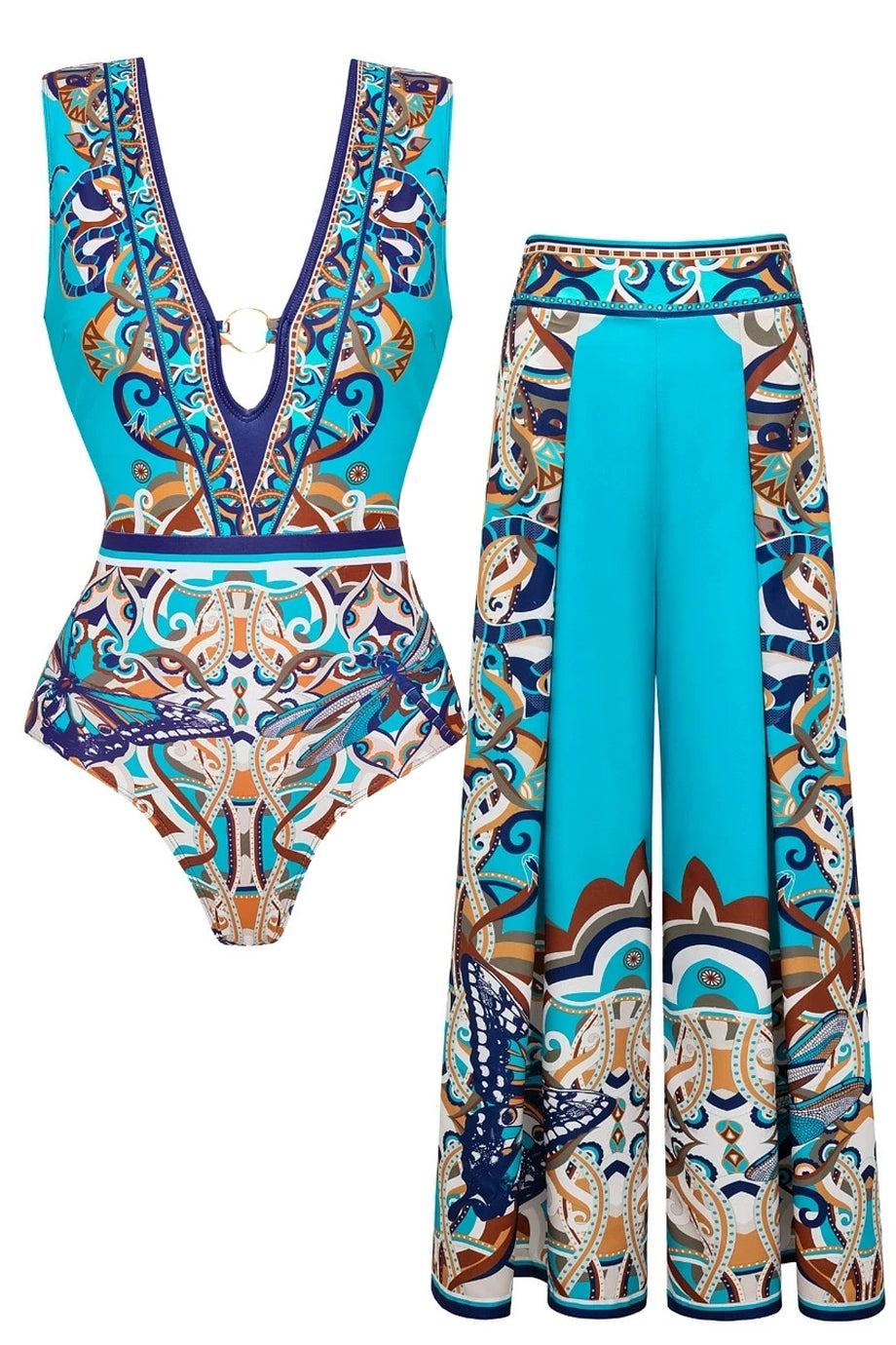 Azora Τιρκουάζ Ολόσωμο Μαγιό και Παντελόνα Παρεό Σετ | Μαγιό - Ολόσωμα - Swimwear One Piece | Azora Turquoise One-Piece Swimsuit with Pareo Trousers Set