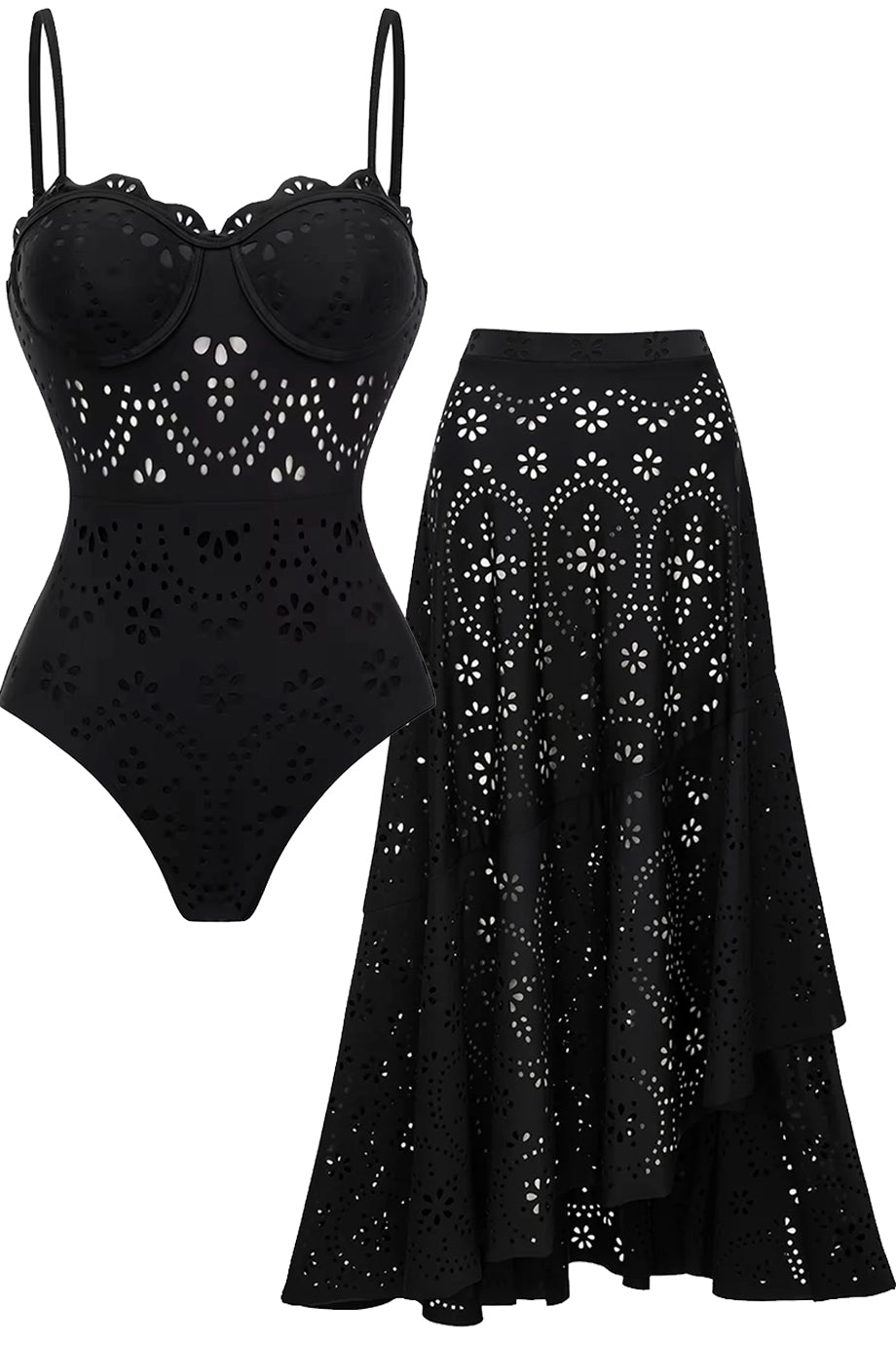 Noreya Ολόσωμο Μαγιό με Σχέδιο Κιπούρ και Φούστα Παρεό Σετ | Μαγιό - Ολόσωμα - Swimwear One Piece | Noreya Black One-Piece Swimsuit with Broderie Details