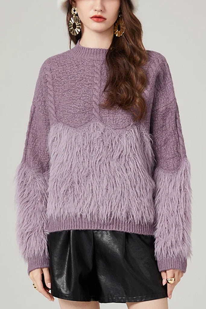 Dissa Μωβ Πλεκτό Πουλόβερ | Γυναικεία Ρούχα - Πλεκτές Ζακέτες | Dissa Purple Knit Sweater with Faux Fur