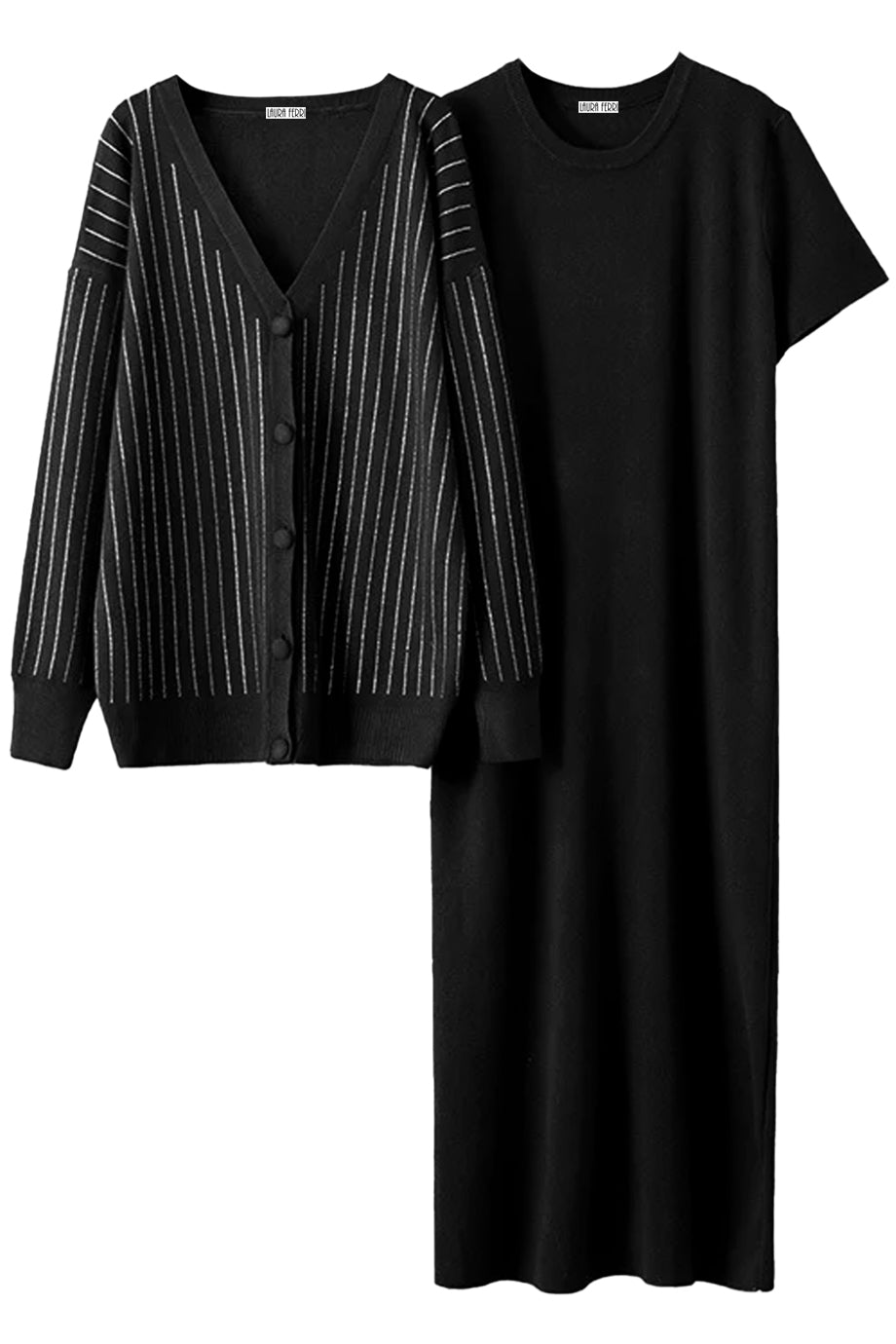 Sylvette Μαύρο Σετ με Πλεκτό Φόρεμα και Ζακέτα | Πλεκτά Σετ - Knit Sets | Sylvette Black Knit Set with Dress and Cardigan