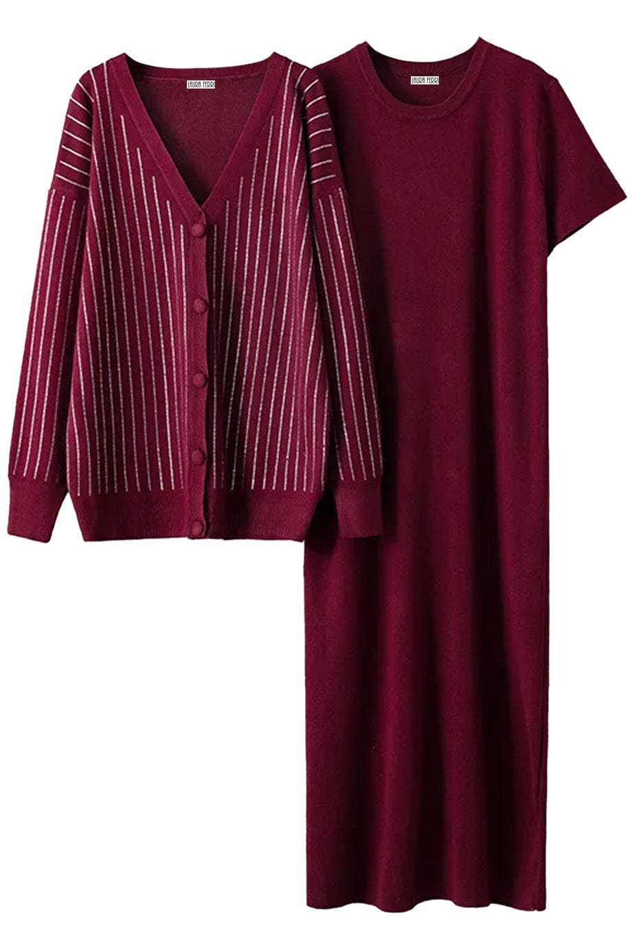 Sylvette Μπορντό Σετ με Πλεκτό Φόρεμα και Ζακέτα | Πλεκτά Σετ - Knit Sets | Sylvette Bordeaux Knit Set with Dress and Cardigan