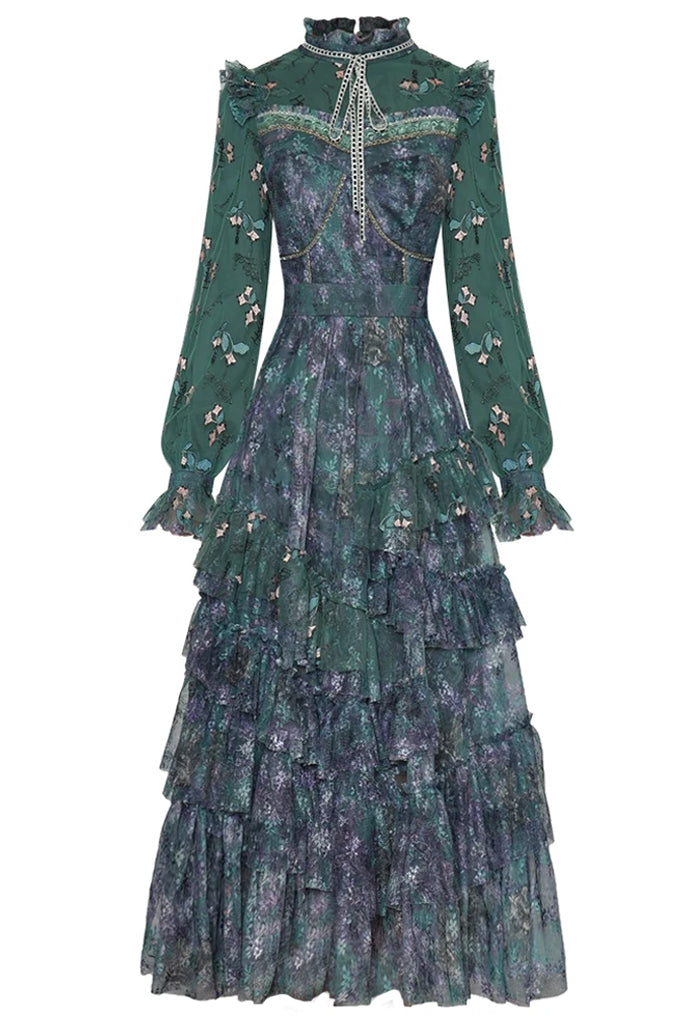 Abito in rete di tulle floreale petrolio Ivana