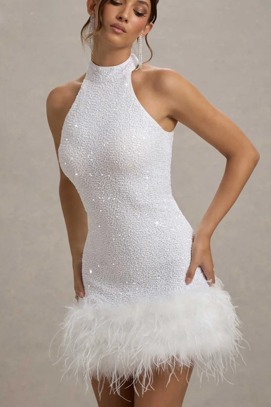 Nolane Μίνι Φόρεμα με Πούλιες και Φτερά | Βραδινά Φορέματα Evening Dresses | Nolane Sequin Mini Dress with Feather Trim