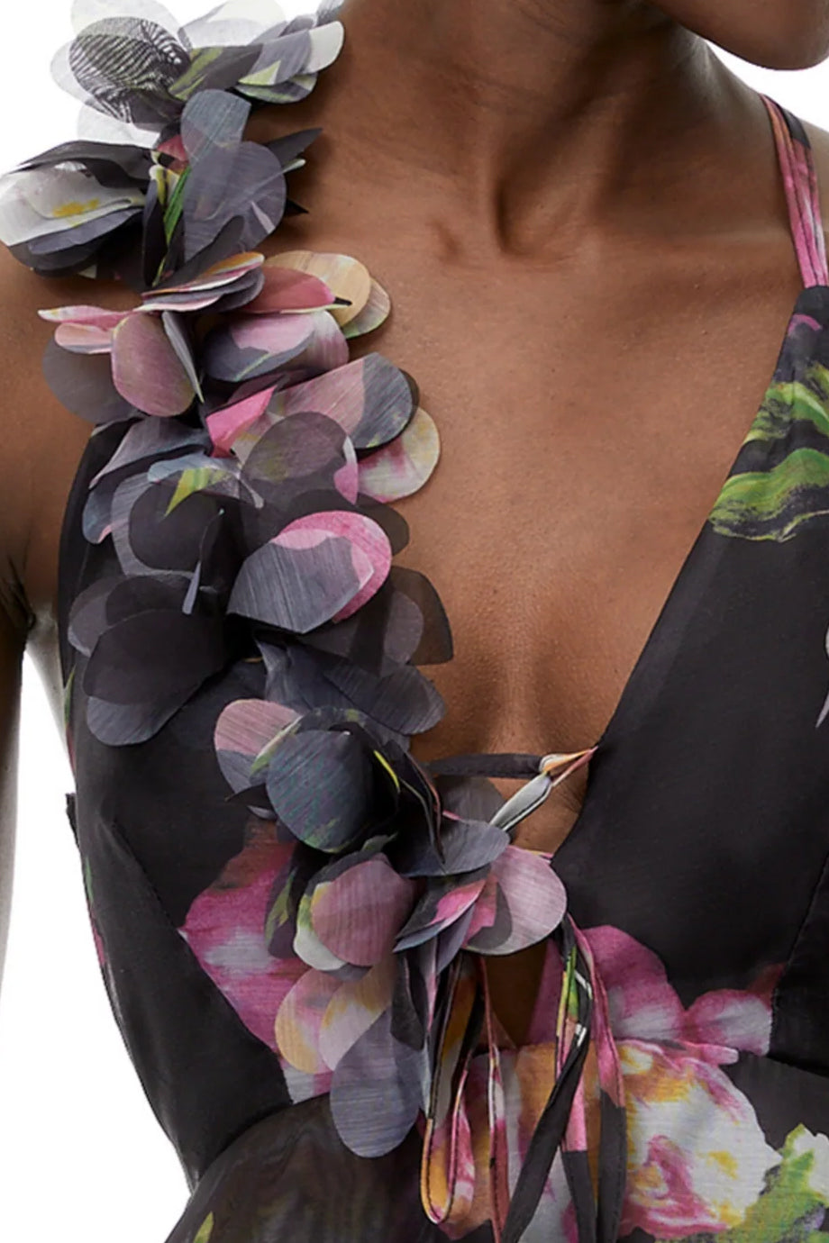 Chione Φλοράλ Μίνι Φόρεμα με Βολάν και Ανοικτή Πλάτη | Βραδινά Φορέματα Evening Dresses | Chione Floral Mini Dress with Asymmetric Strap and Layered Ruffle Skirt