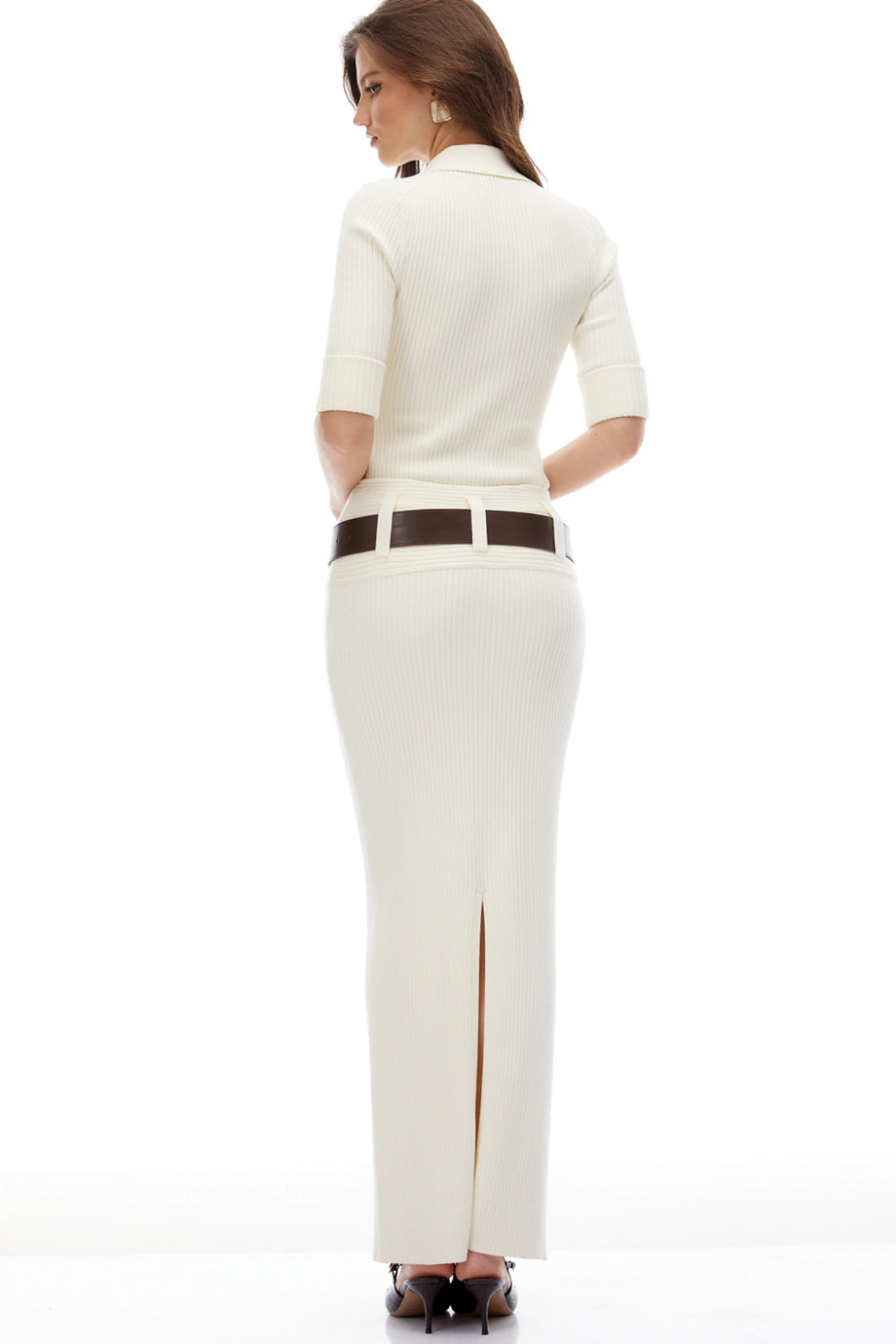 Kathrine Πλεκτό Σετ με Μακριά Φούστα και Τοπ Κορμάκι με Ζώνη | Πλεκτά Σετ Knitwear Clothing Sets | Kathrine Ribbed Knit Set with Ribbed Top and Maxi Skirt with Belt