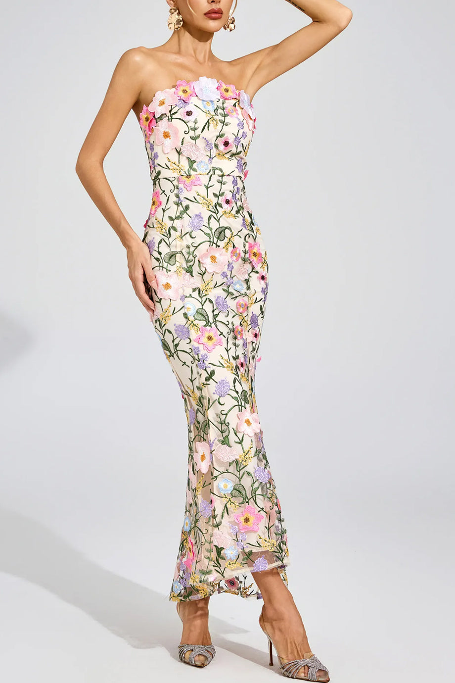 Bellevia Στράπλες Μάξι Φόρεμα με Φλοράλ Δαντέλα | Βραδινά Φορέματα - Evening Dresses | Bellevia Strapless Floral Lace Evening Dress