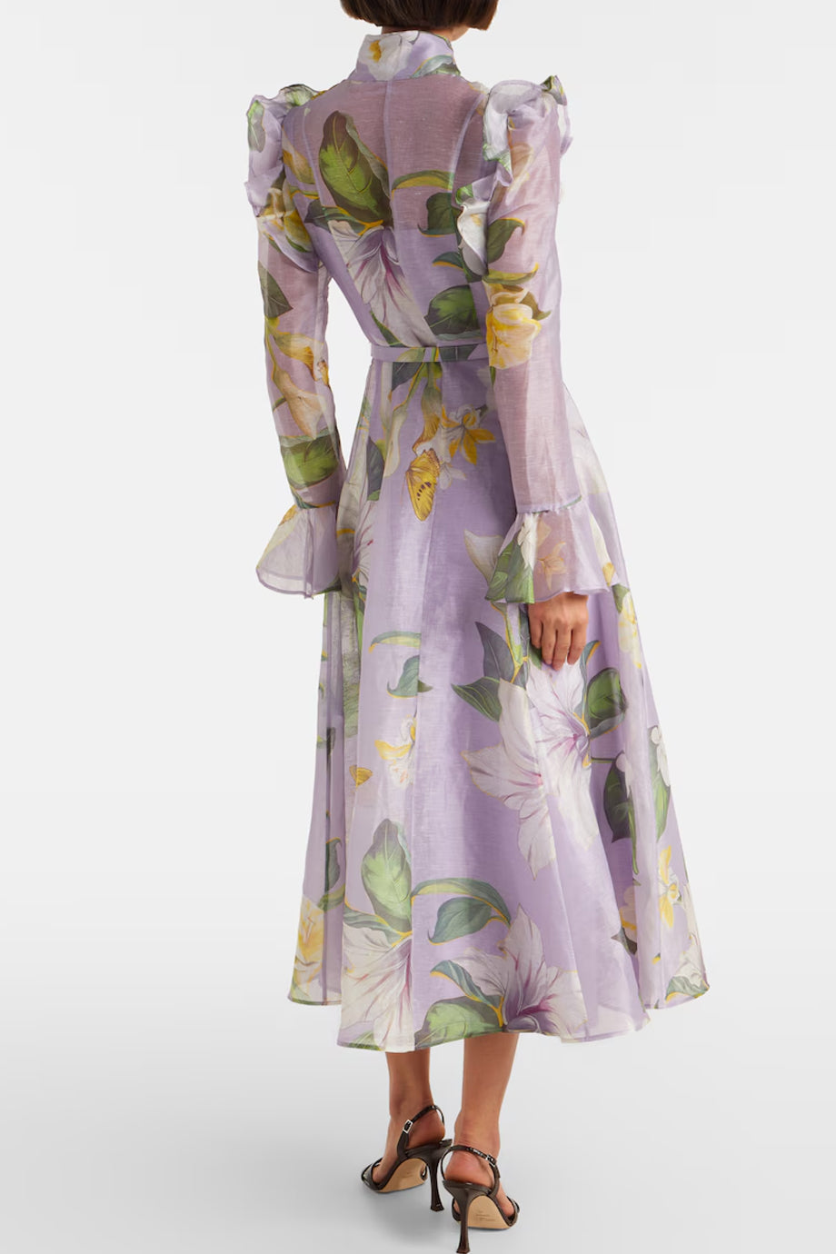 Isaliena Floral Midi Chiffon Dress with Belt and Ruffles