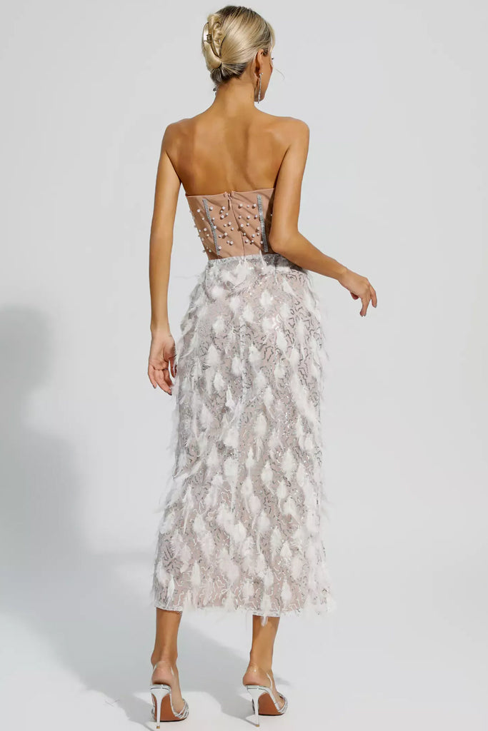 Sirena Φόρεμα με Φτερά και Τούλι | Γυναικεία Ρούχα - Φορέματα - Βραδινά | Sirena White Crystal Embellished Dress
