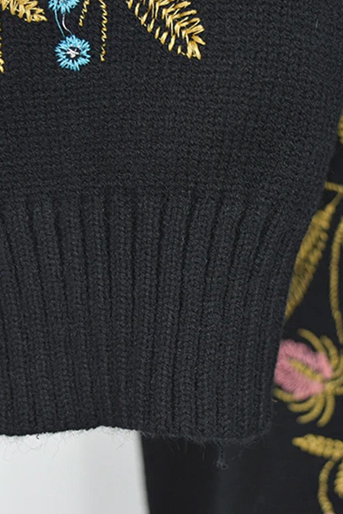 Kerin Μαύρο Πουλόβερ με Κέντημα Λουλουδιών | Γυναικεία Ρούχα - Μπλούζες - Πουλόβερ - Πλεκτά