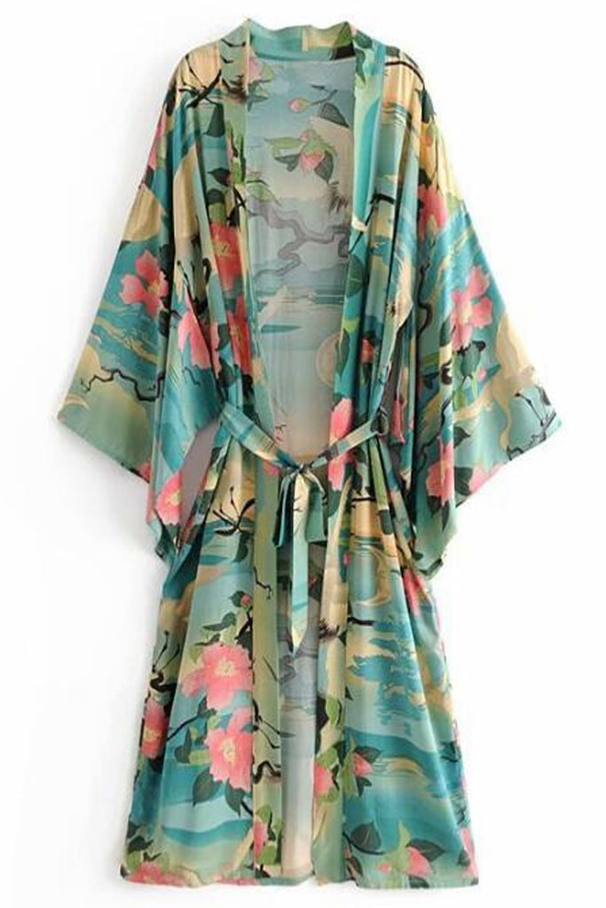 Nozomi Γαλάζιο Πετρόλ Πολύχρωμο Εμπριμέ Κιμονό | Γυναικεία Ρούχα - Beachwear - Loungewear