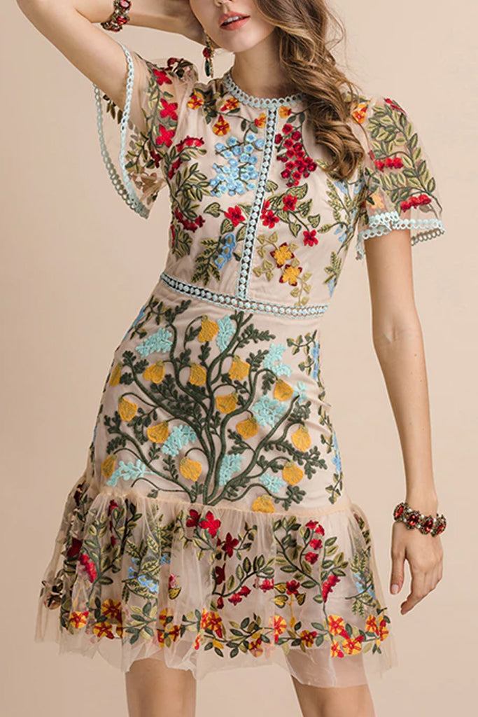 Danica Πολύχρωμο Εμπριμέ Φόρεμα με Δαντέλα και Τούλι | Γυναικεία Φορέματα