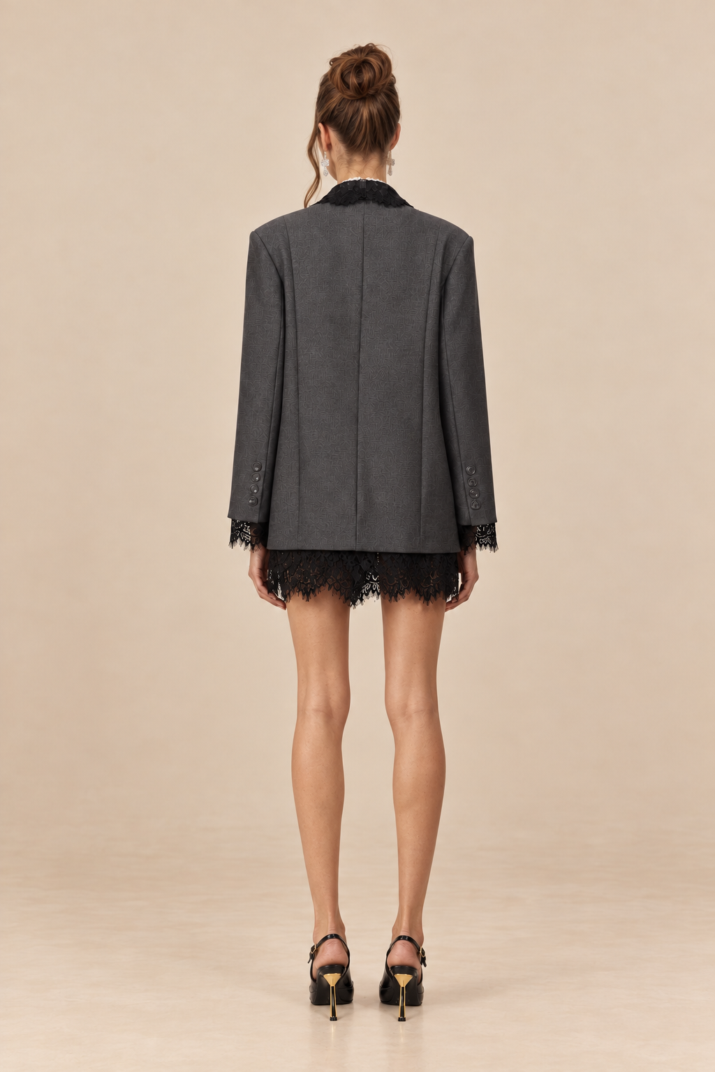 Elodie Γκρι Σακάκι με Μαύρη Δαντέλα | Σακάκια - Blazer Dress | Elodie Grey Blazer Dress with Lace
