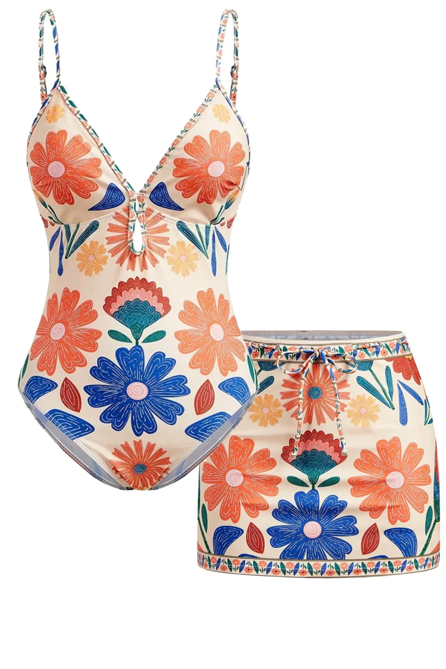 Maelisca Ολόσωμο Φλοράλ Μαγιό και Φούστα Παρεό Σετ | Μαγιό - Ολόσωμα - Swimwear One Piece | Maelisca One-Piece Swimsuit and Pareo Skirt Set