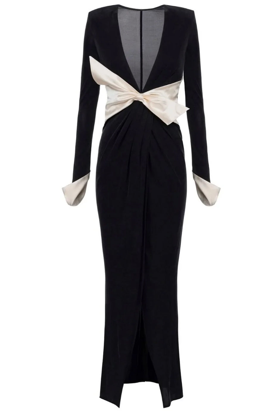 Marquise Μαύρο Μάξι Φόρεμα με Βαθύ Ντεκολτέ και Σατέν Ζώνη | Evening Dresses - Φορέματα - Βραδινά | Marquise Black Maxi Dress with Deep V-Neck and Satin Bow