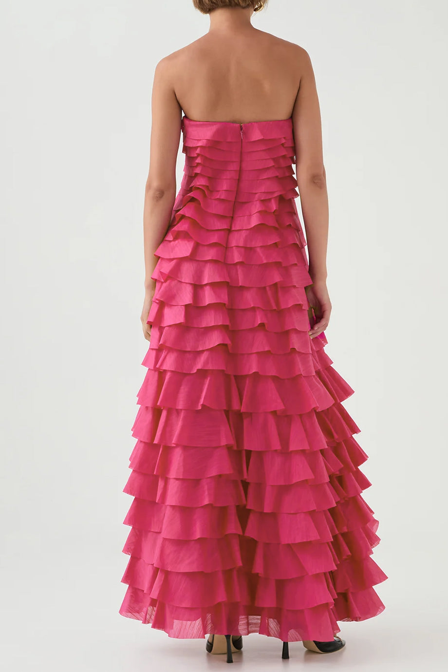 Fleur Στράπλες Μάξι Φούξια Φόρεμα με Βολάν | Βραδινά Φορέματα Evening Dresses | Fleur Layered Ruffled Strapless Maxi Dress