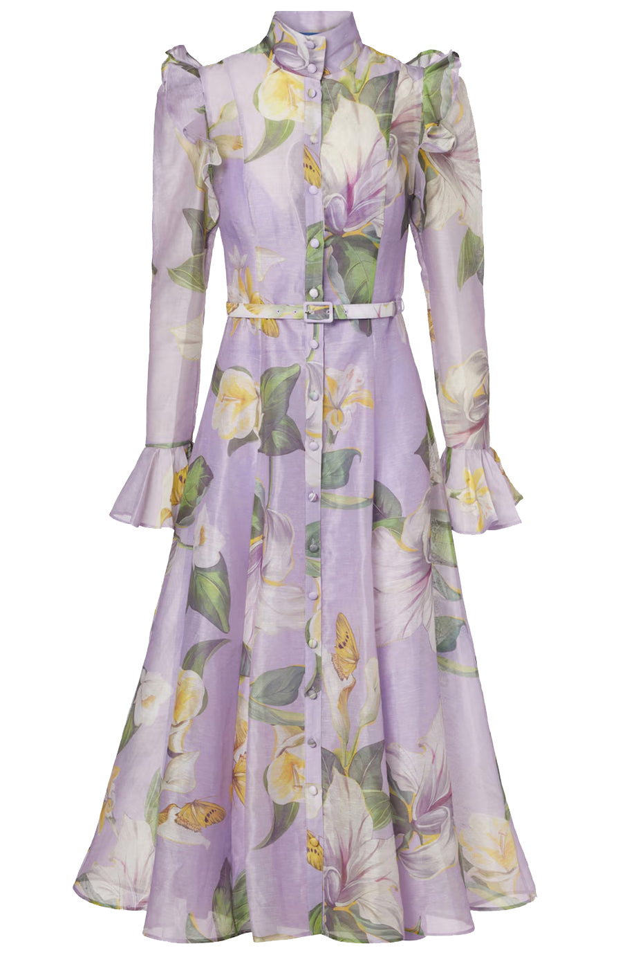 Isaliena Floral Midi Chiffon Dress with Belt and Ruffles