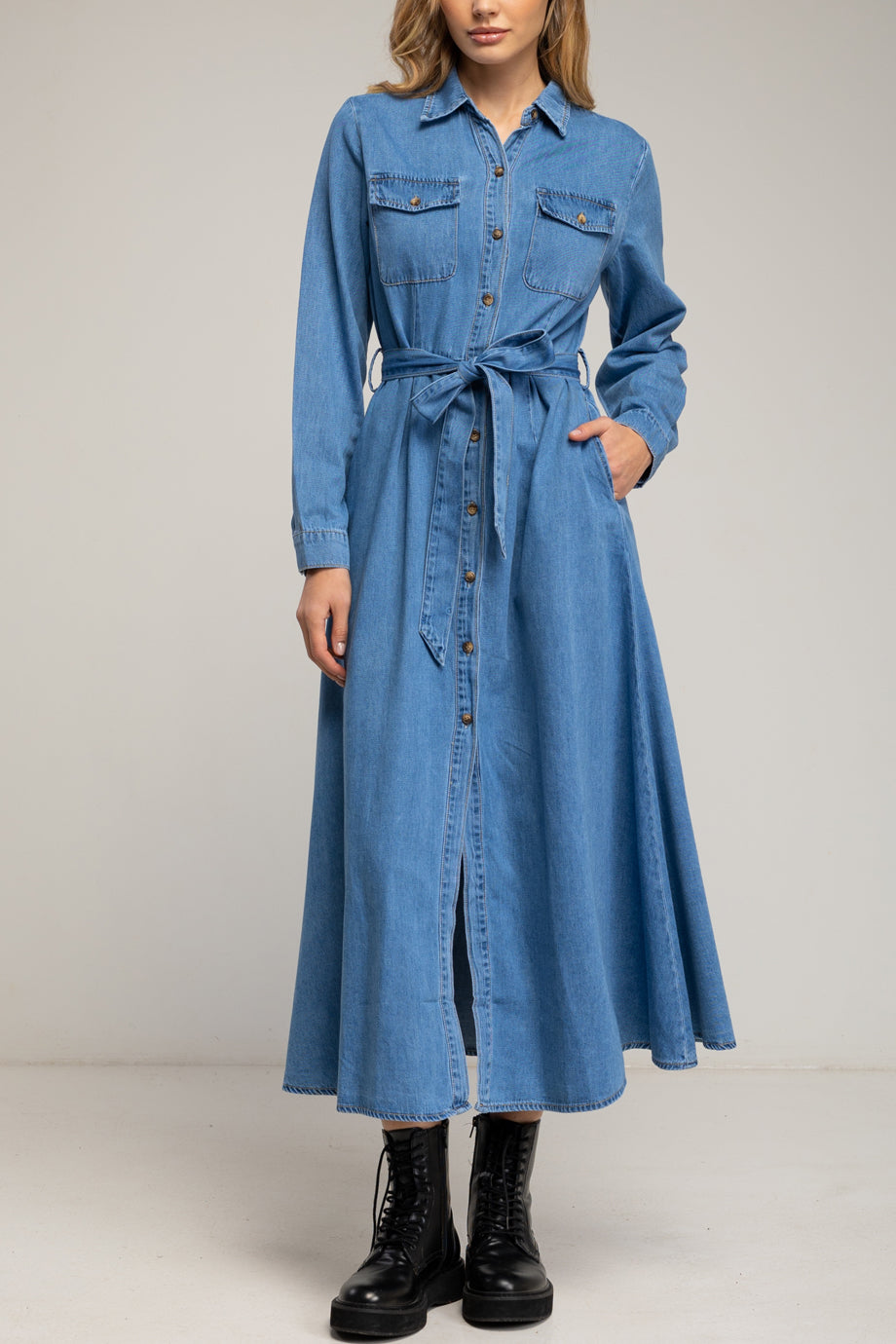 Darvienne Μακρύ Τζιν Φόρεμα με Κουμπιά και Ζώνη | Γυναικεία Φορέματα - dresses| Darvienne Denim Maxi Shirt Dress with Buttons and Waist Belt