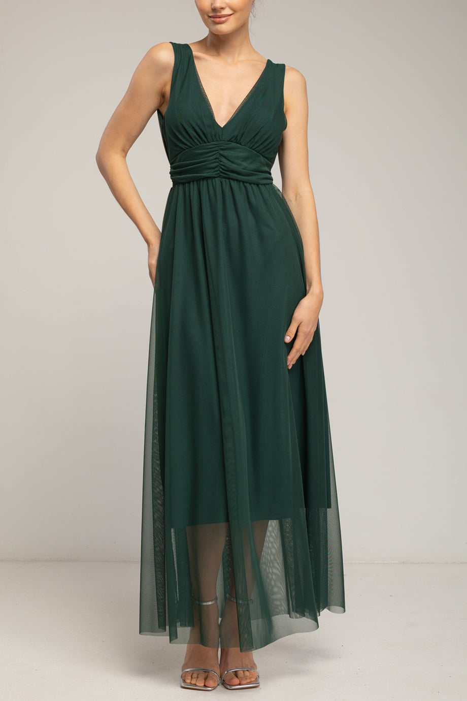 Velmora Πράσινο Μακρύ Αμάνικο Φόρεμα από Τούλι με Λαιμόκοψη V | Γυναικεία Φορέματα - Evening Dresses| Velmora Green Long Sleeveless Tulle Dress with V-Neckline