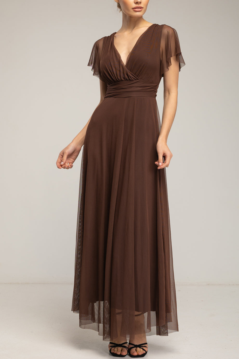 Amelune Καφέ Μακρύ Φόρεμα από Τούλι με Λαιμόκοψη V | Γυναικεία Φορέματα - Evening Dresses| Amelune Brown Long Tulle Dress with V-Neckline