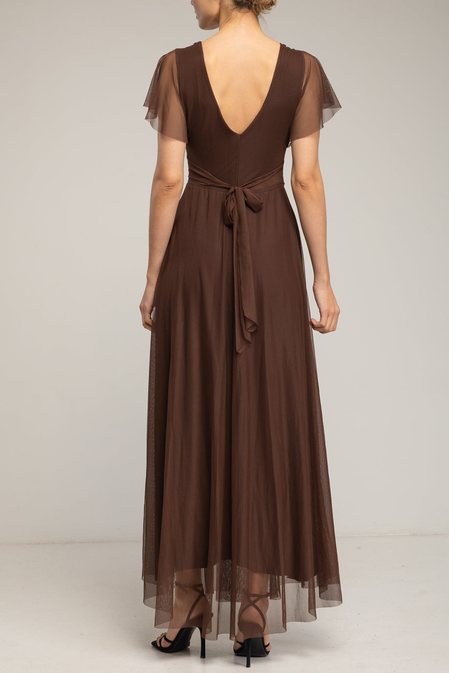 Amelune Καφέ Μακρύ Φόρεμα από Τούλι με Λαιμόκοψη V | Γυναικεία Φορέματα - Evening Dresses| Amelune Brown Long Tulle Dress with V-Neckline