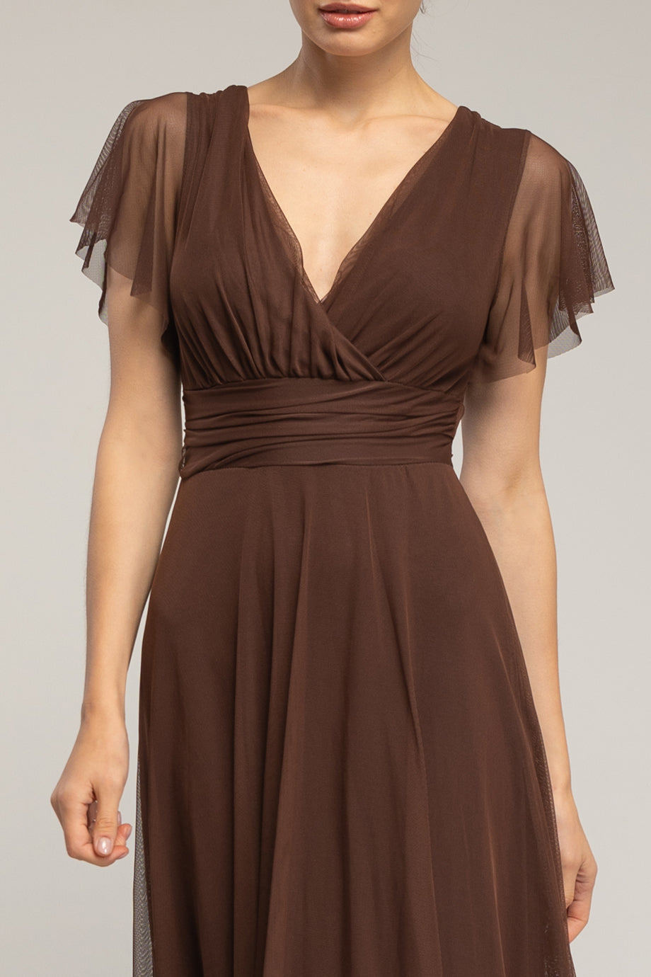 Amelune Καφέ Μακρύ Φόρεμα από Τούλι με Λαιμόκοψη V | Γυναικεία Φορέματα - Evening Dresses| Amelune Brown Long Tulle Dress with V-Neckline