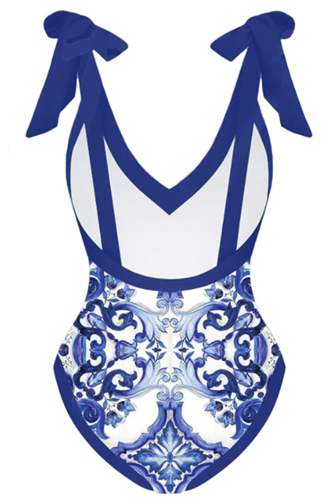 Vinty Blue Printed One Piece Swimsuit with Pareo